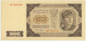 500 złotych 1948 - AM - &nbsp; Rzadka seria, niepochodząca z zapasów NBP.&nbsp; Ugięty w pionie. Zagniecenie na końcu lewego, górnego narożnika oraz z...