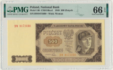 500 złotych 1948 - BW - PMG 66 EPQ Rzadka seria z rzeczywistego obiegu. Delikatne, punktowe zagniecenie na górnym marginesie. Reszta technicznie bez z...