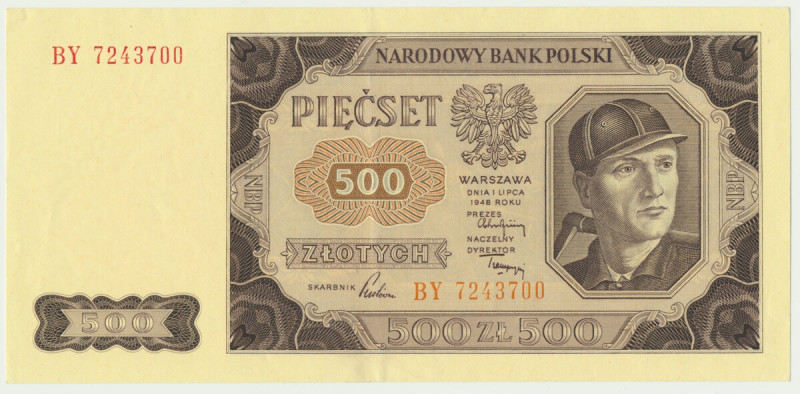 500 złotych 1948 - BY - Rzadsza seria z rzeczywistego obiegu.&nbsp; Przełamany w...