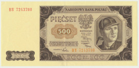 500 złotych 1948 - BY - Rzadsza seria z rzeczywistego obiegu.&nbsp; Przełamany w pionie z naturalnym garbem.&nbsp; Wszystkie narożniki wykazują nieraż...