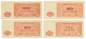 Zestaw niewyemitowanych banknotów, 2 - 100 złotych (1948) (4szt.) - RZADKIE Duża ciekawostka, a zarazem duża rzadkość.&nbsp; Zestaw czterech niewyemit...