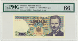 200 złotych 1976 - AA - PMG 66 EPQ - RZADKA Jedna z najrzadszych serii małego PRLu. Emisyjny stan zachowania z wysoką oceną od PMG. 
Reference: Miłcz...