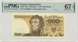 500 złotych 1974 - AA - PMG 67 EPQ Bardzo rzadka pierwsza seria dwuliterowa dla rocznika 1974. Piękny, emisyjny stan zachowania. Gratka dla kolekcjone...
