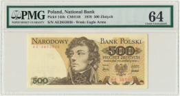 500 złotych 1976 - AE - PMG 64 - bardzo rzadka seria Jedna z najrzadszych serii małego PRL wraz z 100 złotych 1976 AD oraz 500.000 złotych 1993 AB.&nb...