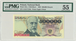 500.000 złotych 1993 - AA - PMG 55 - RZADKA Bardzo rzadka odmiana dwuliterowa. Jedna z najbardziej poszukiwanych serii.&nbsp; Prawdopodobnie ugięty pr...