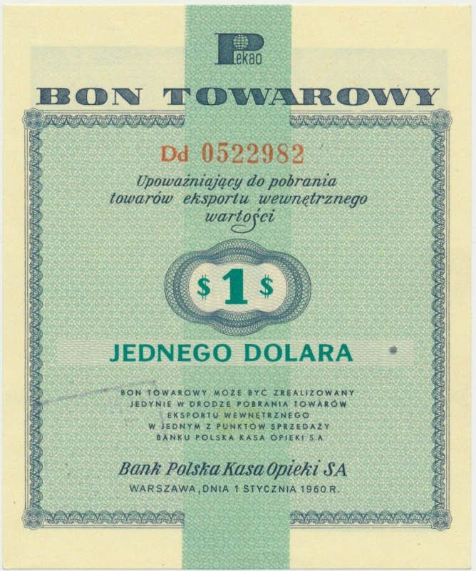Pewex, 1 dolar 1960 - Dd - z klauzulą - Odmiana z klauzulą na rewersie.&nbsp; Wy...