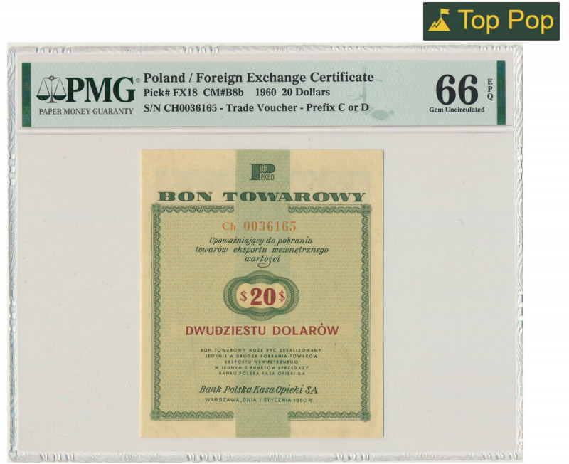 Pewex, 20 dolarów 1960 - Ch - z klauzulą - PMG 66 EPQ - OKAZOWY Odmiana z klauzu...