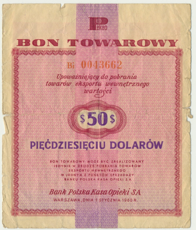Pewex, 50 dolarów 1960 - Bi - bez klauzuli - RZADKI Bardzo rzadki, wysoki nomina...
