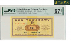 Pewex, 5 dolarów 1969 - GE - PMG 67 EPQ Wariant z dużymi literami serii.&nbsp; Okazowa sztuka.&nbsp; Wyśmienity stan zachowania potwierdzony najwyższą...