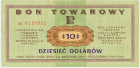 Pewex, 10 dolarów 1969 - Ef - rzadsza Nieznacznie rzadsza odmiana. Złamany i&nbsp; dwukrotnie ugięty w pionie, reszta bez zastrzeżeń.&nbsp; Emisyjna ś...