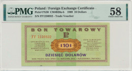 Pewex, 10 dolarów 1969 - FF - PMG 58 Wariant z dużymi literami serii. Ugięty w pionie. Bardzo ładna prezencja.&nbsp; Wysoka nota od PMG. Reference: Mi...