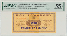 Pewex, 20 dolarów 1969 - Eh - PMG 55 EPQ Rzadki wariant z małą literą w serii.&nbsp; Gięty przez rysunek, ale bez złamań w polu.&nbsp; Bon w stanie dr...