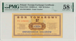 Pewex, 20 dolarów 1969 - FH - PMG 58 EPQ Wariant z dużymi literami serii. Przełamany w pionie. Egzemplarz w stanie drukarskiej świeżości.&nbsp; Refere...