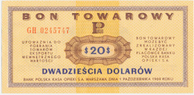 Pewex, 20 dolarów 1969 - GH - Wariant z dużymi literami serii. Rzadsza seria GH. Przełamany w pionie z naturalnym garbem. Naturalny i świeży, z wyraźn...