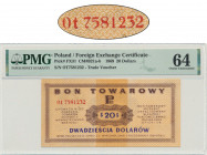 Pewex, 20 dolarów 1969 - Ot - PMG 64 - NIEZNANY Nieznany dotychczas bon Pekao.&nbsp; Bon oznaczony nieznaną serią Ot i czerwonym numeratorem.&nbsp; Po...