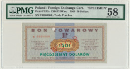 Pewex, 50 dolarów 1969 - WZÓR Ei 0000000 - PMG 58 Rzadki wzór z numeracją zerową z emisji bonów PKO SA z 1969 roku. Ukośny nadruk WZÓR tylko na awersi...