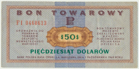 Pewex, 50 dolarów 1969 - FI - Wysoki nominał, sporadycznie notowany na aukcjach. Wariant z dużymi literami serii.
 Przełamany i dwukrotnie ugięty w p...