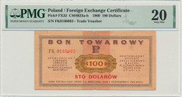 Pewex, 100 dolarów 1969 - FK - PMG 20 - RZADKI Najwyższy nominał emisji. Rzadki. Odmiana z obiema literami serii, pisanymi z dużej litery.&nbsp; Obieg...