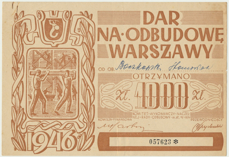 Dar na odbudowę Warszawy, cegiełka na 1.000 złotych 1946 Cegiełki dużego formatu...