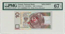 10 złotych 1994 WZÓR - AA 0000000 - Nr. 1745 - PMG 67 EPQ Wzór pierwszej emisji 10-złotówki z serii 'Władcy polscy'.&nbsp; Wyśmienity stan zachowania ...