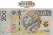 200 złotych 2015 - BU 2222222 - SOLID - Poszukiwany i ceniony numer seryjny składający się z identycznych cyfr tzw. Solid.&nbsp; Niemocno ugięty prawy...