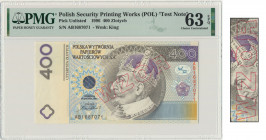 PWPW, 400 złotych 1996 - AB - WZÓR na awersie - PMG 63 EPQ Zaawansowany technicznie banknot testowy PWPW w szacie graficznej nawiązującej do banknotów...