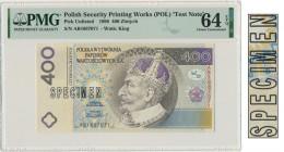 PWPW, 400 złotych 1996 - AB - SPECIMEN - PMG 64 EPQ - RZADKI Zaawansowany technicznie banknot testowy PWPW w szacie graficznej nawiązującej do banknot...