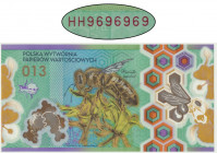 PWPW, Pszczoła (2013) - HH - numeracja czerwona Pierwszy, w pełni polimerowy banknot testowy PWPW. Seria HH. Numeracja czerwona. Reference: Parchimowi...