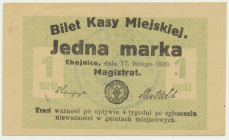 Chojnice, 1 marka 1920 Odmiana z polem za oznaczeniem cyfry nominału o wysokości 9 mm. Na rewersie pieczęć magistratu. Reference: Podczaski W-006.G.1....