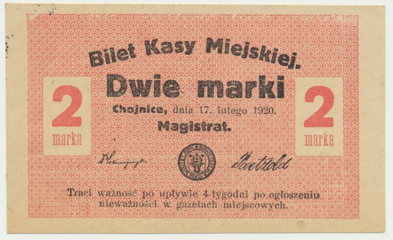 Chojnice, 2 marki 1920 - 'marka' - RZADKI I PIĘKNY Na rewersie pieczęć D - z gło...