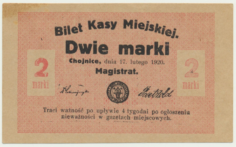 Chojnice, 2 marki 1920 - 'marki' Oznaczenie nominału jako 'marki'. Wysokość cyfr...
