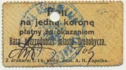 Drohobycz, Kasa Oszczędności, 1 korona 1914 Rewers w kolorze zielonobeżowym. Reference: Podczaski G-083.1.j
Grade: XF+ 

NOTGELDS | Emergency Paper...