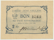 Firlejów, 2 marki 1920 Rzadki bon wydany przez Zarząd Dóbr Firlejów, odmiana obiegowa z podpisem w kolorze czarnym. Reference: Podczaski G-095.3.a
Gr...