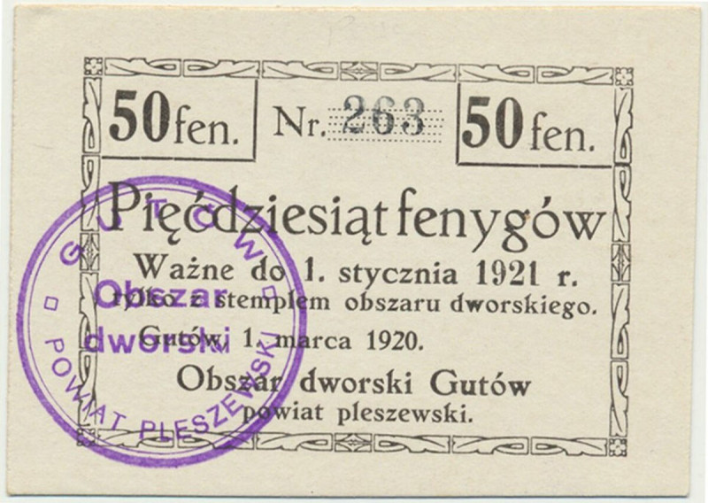 Gutów, 50 fenigów 1921 Reference: Podczaski P-044.1.a
Grade: UNC/AU 

NOTGELD...
