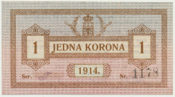 Lwów, 1 korona 1914 - Ser. J Pięknie zachowane.&nbsp; Zanikające ugięcie ukośne.&nbsp; Rzadka pozycja w tak znakomitej kondycji.&nbsp; Reference: Podc...