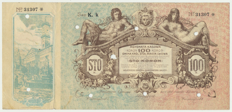Lwów, Asygnata Kasowa na 100 koron 1915 Piękny, duży banknot zastępczy z miasta ...