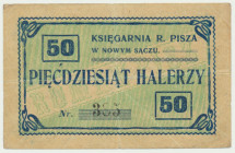 Nowy Sącz, Księgarnia R. Pisza, 50 halerzy 1919 Numerator 3-cyfrowy. Na rewersie odręczny podpis Romana Pisza&nbsp;
Reference: Podczaski G-255.1
Gra...
