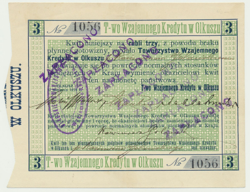 Olkusz, 3 ruble 1914 - RZADKI Reference: Podczaski R-272.C.2.b
Grade: XF+ 

N...