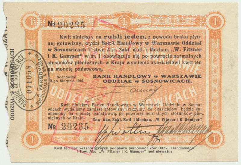 Sosnowiec, 1 rubel 1914 Bon wystawiony dla Towarzystwa Akcyjnego 'W. Fitzner i K...