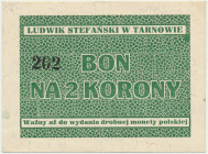 Tarnów, Ludwik Stefański, 2 korony - niekasowany Rzadki bon w wersji obiegowej. Na rewersie data 5/2/(1)920. Reference: Podczaski G-383.2.a
Grade: XF...