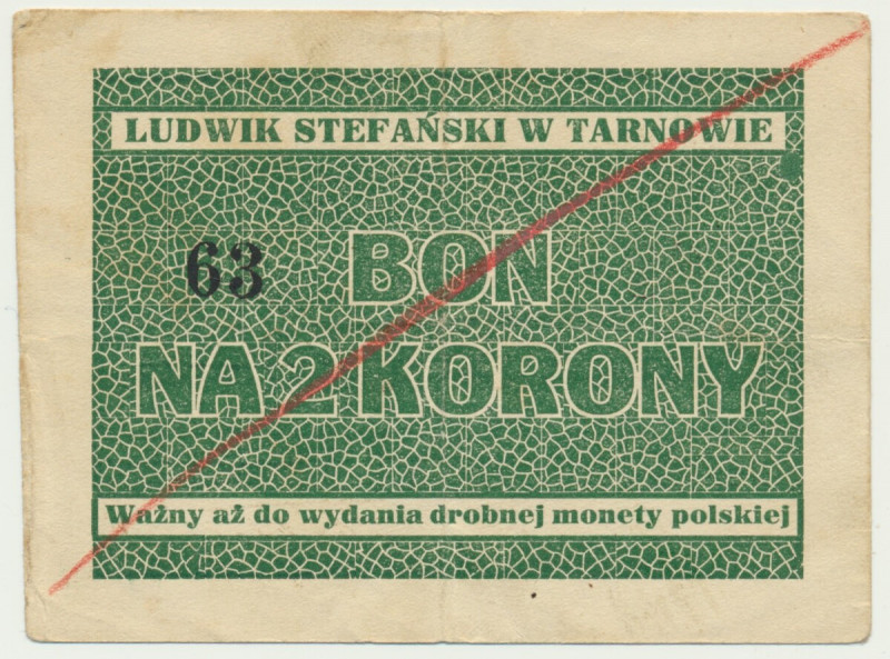 Tarnów, Ludwik Stefański, 2 korony - RZADKI Rzadki bon w wersji obiegowej. Kasow...