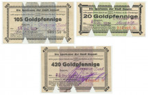 Sopot, zestaw 3 bonów o nominałach 20, 105 i 420 goldpfennigów - RZADKOŚĆ Bony z tak zwanej serii 'białej' z datami emisji 19-22.10.1923. &nbsp; Wszys...