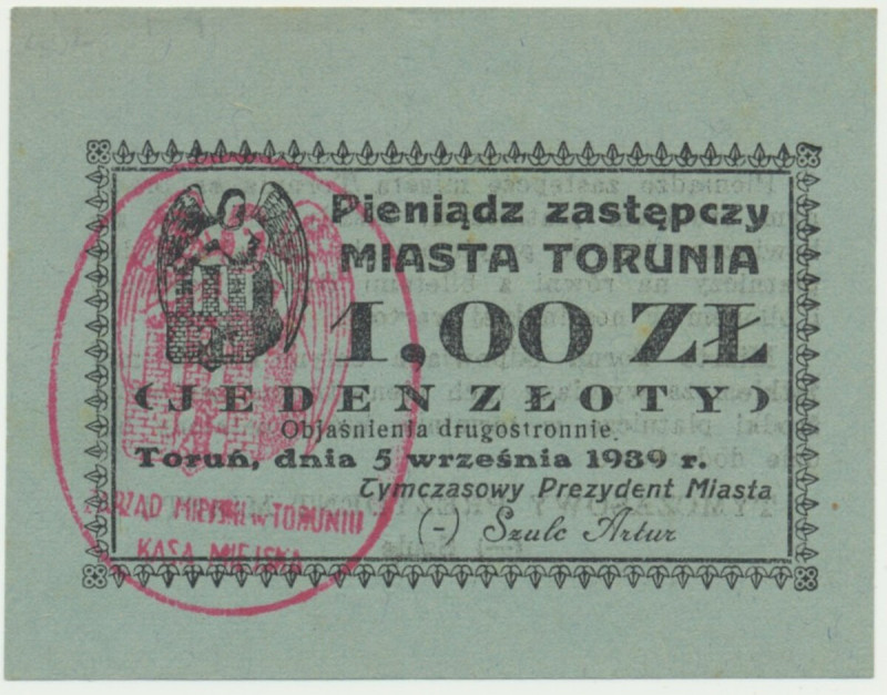 Toruń, 1 złoty 1939 - RZADKI Reference: Podczaski D-034.A.1.a
Grade: UNC 

NO...