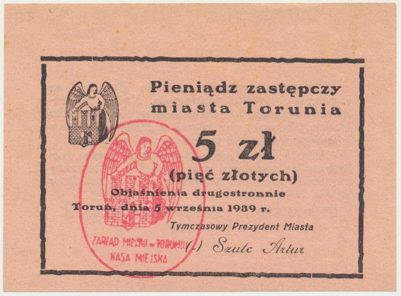 Toruń, 5 złotych 1939 - RZADKI Reference: Podczaski D-034.A.2.a, Jabłoński 4267...