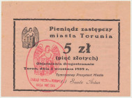 Toruń, 5 złotych 1939 - RZADKI Reference: Podczaski D-034.A.2.a, Jabłoński 4267
Grade: UNC/AU 

NOTGELDS | Emergency Paper Money Poland Polen