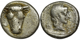 Greece, Phocaea, Triobol Greece Phocaea, Triobol 457-446 BC

Obverse: bull's head facing

Reverse: archaic head of Artemis to right in incuse squa...