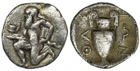 Greece, Thrace, Thasos, Trihemiobol Greece

Thrace, Thasos, Trihemiobol 411–350 BC

Obverse: Satyr running to the left, holding kantharos

Rever...