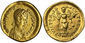 Roman Imperial, Theodosius II, Tremissis Ex Roma Numismatics, E-Sale 22, 2015. 
 Roman Imperial

Theodosius II (408–450), Tremissis 408-420, Consta...