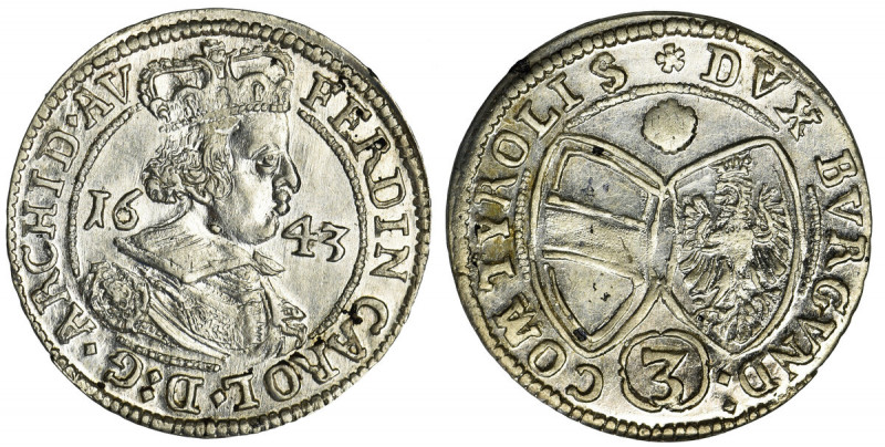 Austria, Ferdinand Karl, 3 Kreuzer Hall 1643 Beautiful condition.
Piękne, obust...