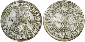 Austria, Ferdinand Karl, 3 Kreuzer Hall 1648 Mint condition.
 Menniczy egzemplarz.
Reference: Moser-Tursky 517
Grade: AU/XF+ 

Austria Hall Kreuz...